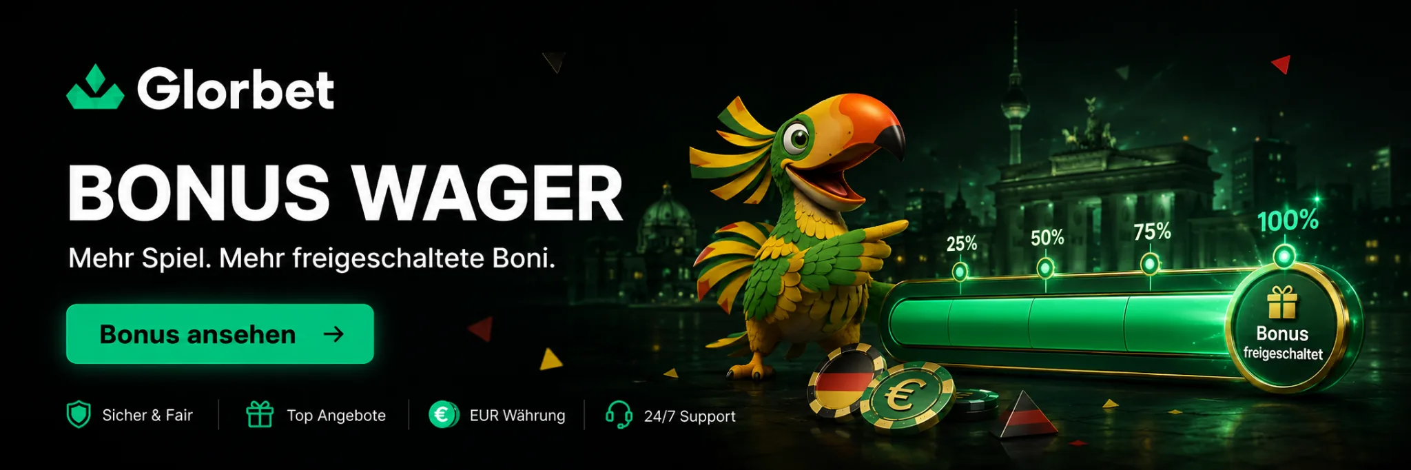 Glorbet Bonus Wager mit Fortschritt und Bonus Freischaltung